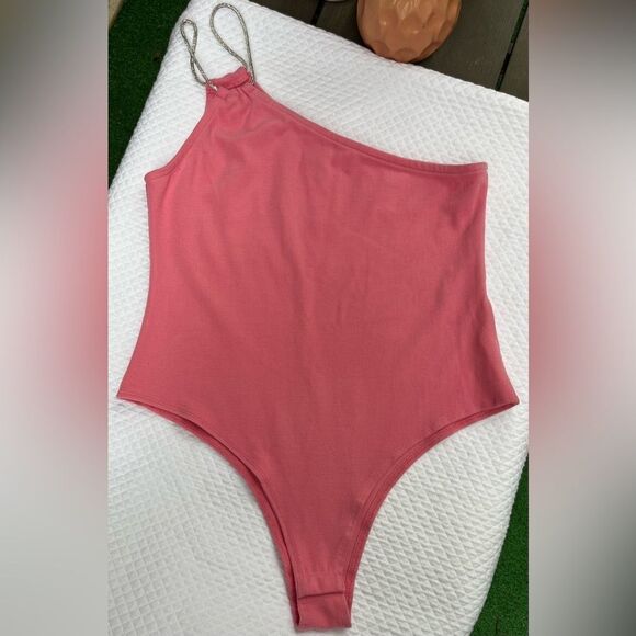 Glam One Shoulder Bodysuit in gorgeous pink with glittery straps Size L -NWT - Picture 2 of 8